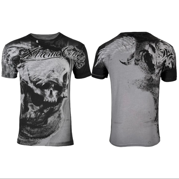 Xtreme Couture By Affliction Men's Inferno Skull T-Shirt - Charcoal Gray, S-4XL, 100% Cotton
